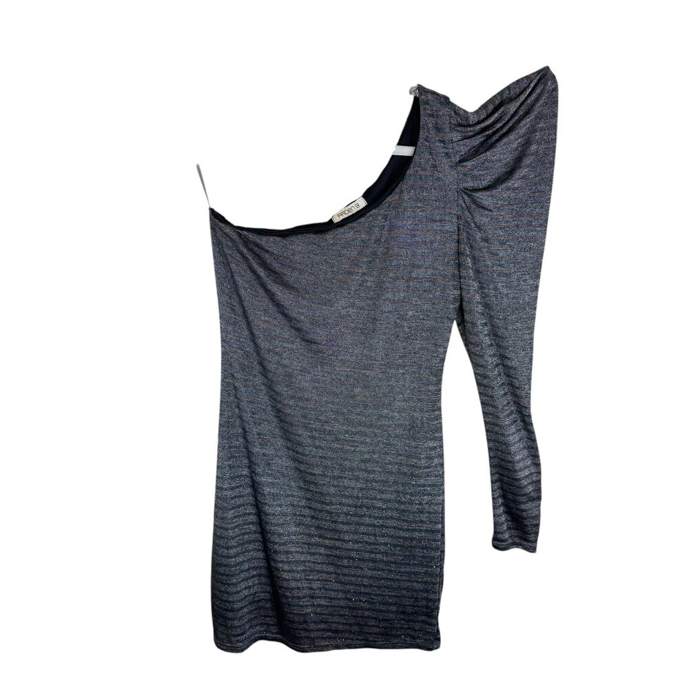 Arden B Blue Gray Striped Shimmery One Long Puff Sleeve Bodycon Mini‎ Dress Sz L